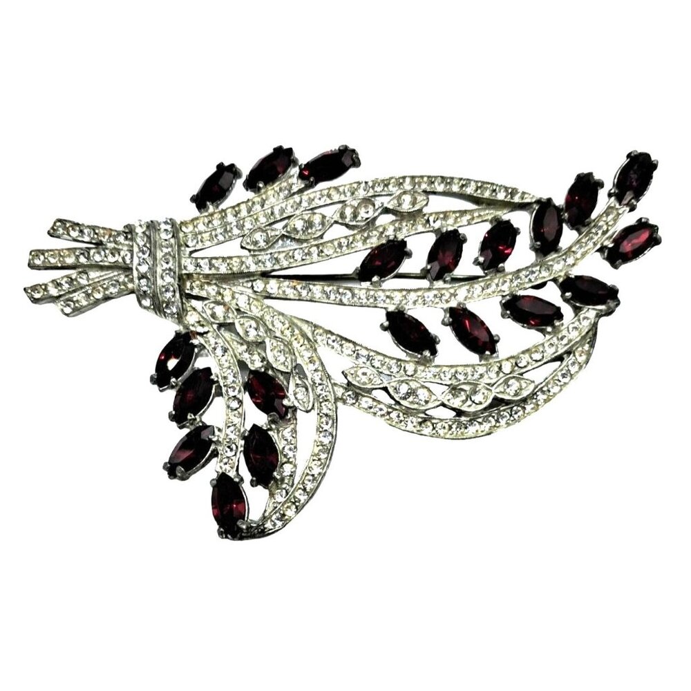Vintage Red Rhinestone Brooch Art Deco Style Elegant Floral Leaf Design Silver T